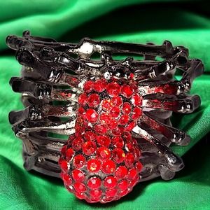 Red Rhinestone Spider Gun Metal Silver-Tone 2 3/8 Inch Wide Cuff Bracelet!